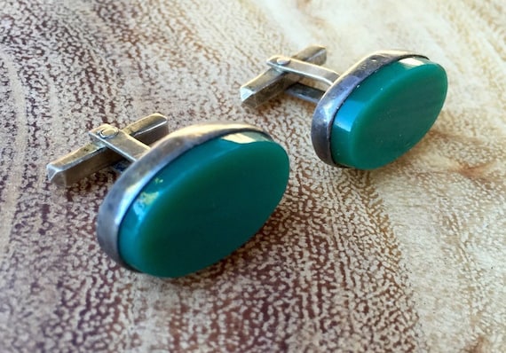 Mens Sterling Cuff Links Vintage Green Stone Cuff… - image 1