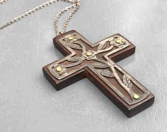 Antique Wooden Cross Pendant Metal Flower Applique Necklace Handmade Vintage Religious Jewelry Gift