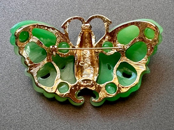 Vintage KJL Jade Butterfly Moth Brooch Rhinestone… - image 7