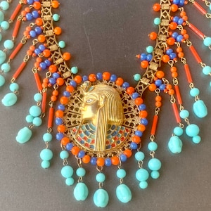 Vintage Egyptian Revival Necklace Turquoise Coral Glass Miriam Haskell Necklace Pharaoh Jewelry Gift for Her image 1