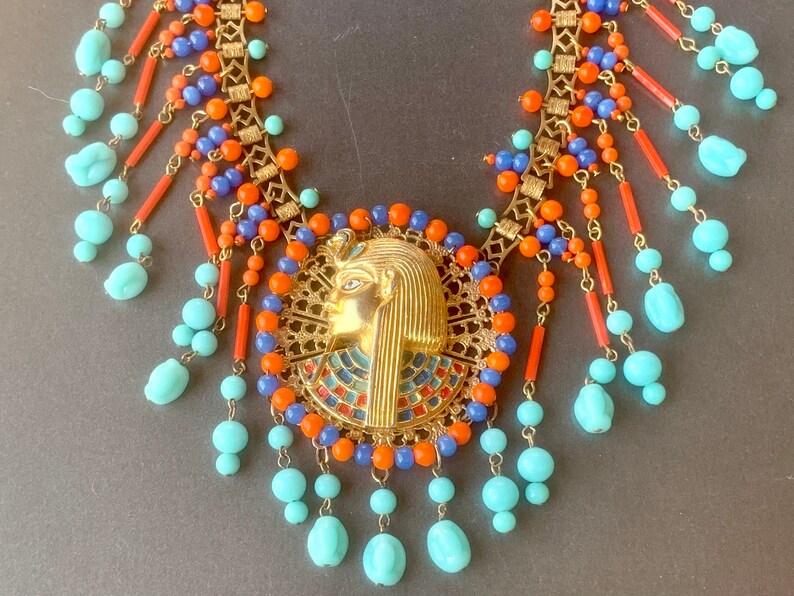 Vintage Egyptian Revival Necklace Turquoise Coral Glass Miriam Haskell Necklace Pharaoh Jewelry Gift for Her image 1