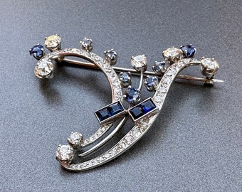 Vintage 14k Diamond Sapphire Brooch White Gold 6 carat Heirloom Jewelry Formal Antique Fine Jewelry Gift for Her