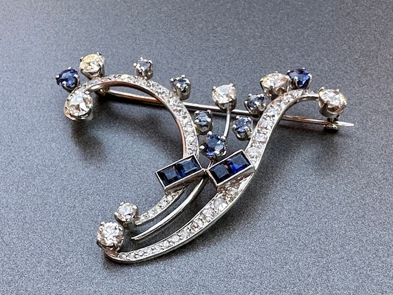 Vintage 14k Diamond Sapphire Brooch White Gold 6 … - image 1