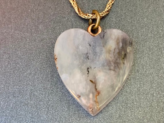 Vintage Puffy Heart Necklace Gray Agate Jasper Ge… - image 3