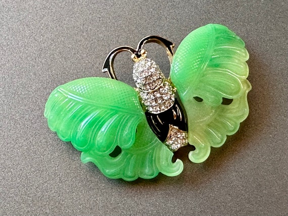 Vintage KJL Jade Butterfly Moth Brooch Rhinestone… - image 1