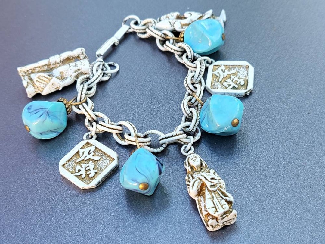 Vintage Chunky Charm Bracelet White Enamel Asian Gold and Turquoise