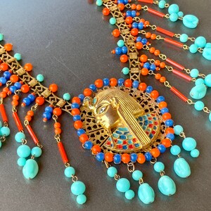 Vintage Egyptian Revival Necklace Turquoise Coral Glass Miriam Haskell Necklace Pharaoh Jewelry Gift for Her image 2