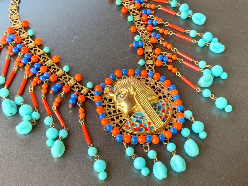 Vintage Egyptian Revival Necklace Turquoise Coral Glass Miriam Haskell Necklace Pharaoh Jewelry Gift for Her image 2