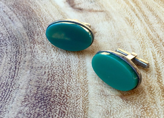 Mens Sterling Cuff Links Vintage Green Stone Cuff… - image 3