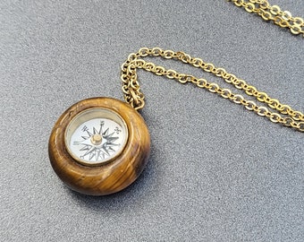 Antique Victorian Watch Fob Necklace Mini Compass Cats Eye Tigers Eye Compass Pendant 1900s Jewelry Gift for Her
