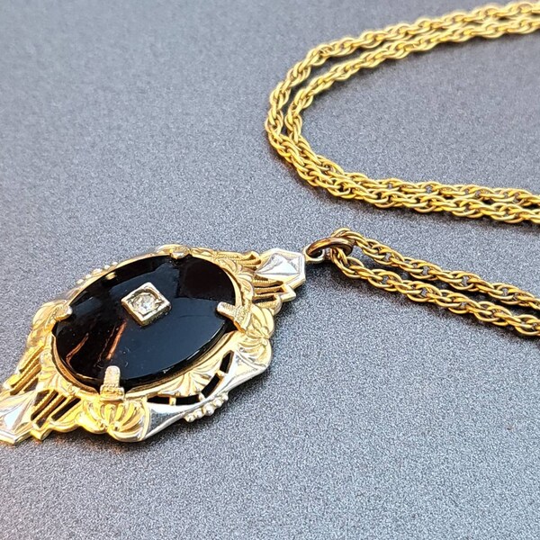 Pendentif Vintage Doré Avec Grappe, Verre Style Onyx Et Strass - Double Sertissage