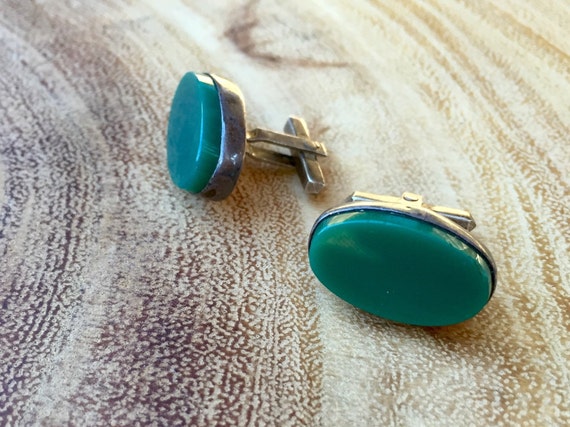 Mens Sterling Cuff Links Vintage Green Stone Cuff… - image 2