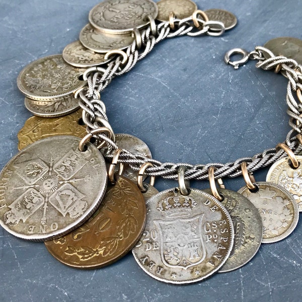 Antique Victorian Coin Bracelet Coins Charms Sterling Silver English Florin 1800s 1700s Vintage Jewelry Gift for Her