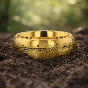 エルダー文字タングステン製結婚指輪、神話のルーン文字リング、ファンタジーエルフジュエリー