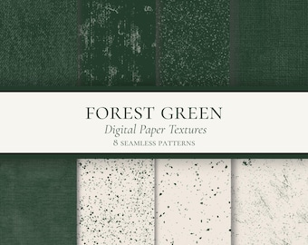 May include: A collection of eight digital paper textures featuring forest green and off-white color palettes. The patterns include solid fabric-like weaves, distressed vertical scratches, and speckled grain designs with the text FOREST GREEN Digital Paper Textures 8 SEAMLESS PATTERNS.