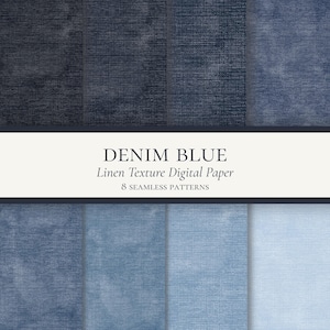 Könnte beinhalten: Eine Sammlung von acht digitalen Papiermustern mit einer Denim-Blau-Leinenstruktur. Das Bild zeigt einen Verlauf von Blautönen, die von Dunkelmarine bis zu hellem Himmelblau reichen, mit dem Text DENIM BLUE Linen Texture Digital Paper 8 SEAMLESS PATTERNS.