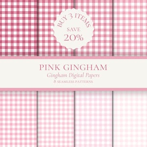 Peut inclure: Une collection de huit motifs de papier numérique sans couture présentant un design à carreaux vichy rose et blanc. L'image affiche diverses nuances de rose, allant du rose foncé au rose pâle, organisées en grille avec des superpositions de texte.