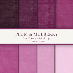 Puede incluir: Una colección de ocho patrones de papel digital con textura de lino en varios tonos de ciruela y mora. El texto en la imagen dice PLUM & MULBERRY Linen Texture Digital Paper 8 SEAMLESS PATTERNS en letras de color púrpura oscuro.