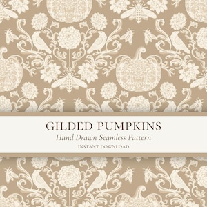 Gilded Pumpkins Halloween Toile Seamless Pattern, Hand Drawn Baroque Design (Digital Download)