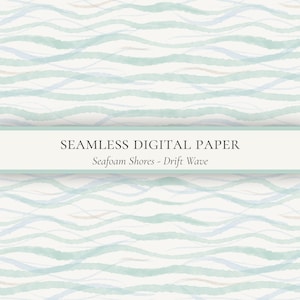 Könnte beinhalten: Nahtloses digitales Papier mit einem Aquarellwellenmuster in den Farbtönen Meerschaumgrün, Blau und Beige. Der Text "SEAMLESS DIGITAL PAPER" und "Seafom Shores - Drift Wave" wird auf einem weißen Banner angezeigt.