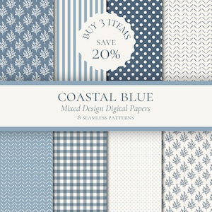 Könnte beinhalten: Eine Sammlung von acht digitalen Papieren mit küstenblauen und weißen Mustern, darunter florale Zweige, vertikale Streifen, Punkte, Fischgrätenmuster und Vichy-Karos. Der Text lautet COASTAL BLUE Mixed Design Digital Papers 8 SEAMLESS PATTERNS.