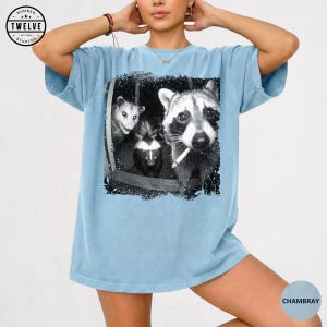 Trash Panda Night Crew Shirt, Funny Raccoon Opossum Skunk Tee, Feral Goblincore Gift for Women, Trail Cam Critter Humor Top, Possum Lover image 8