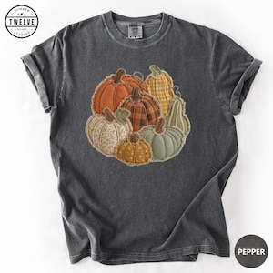 May include: A charcoal grey short-sleeve t-shirt featuring a central graphic of various pumpkins in different patterns and colours, including orange, brown plaid, yellow gingham, and sage green, with a Number Twelve Studios logo in the corner.