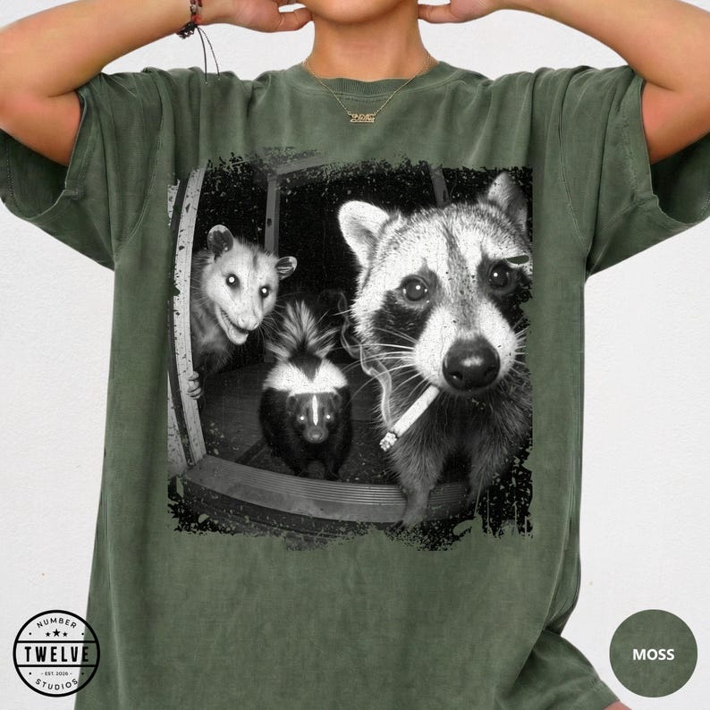 Trash Panda Night Crew Shirt, Funny Raccoon Opossum Skunk Tee, Feral Goblincore Gift for Women, Trail Cam Critter Humor Top, Possum Lover image 15
