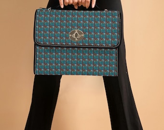 Waterproof Canvas Satchel Bag, Teal Geometric Print, PU Leather Trim Crossbody Purse