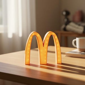 Peut inclure: Une lampe en forme de lettre M de couleur jaune doré, dotée d'une finition mate et lisse. La structure intègre une série de petites lumières LED aux tons chauds incrustées sur la face avant, diffusant une lueur douce sur la surface.