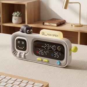 Peut inclure: Un réveil numérique gris avec une figurine de chat noir sur le dessus. L'horloge affiche l'heure, la température en degrés Celsius et l'humidité. Il y a une lumière jaune avec l'inscription "NOW OPEN".