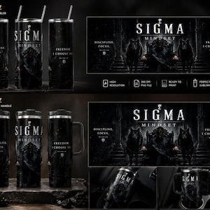 Peut inclure: Gobelets noirs avec le texte "SIGMA MINDSET" et les phrases "DISCIPLINE FOCUS" et "FREEDOM I CHOOSE ME." L'image présente des gobelets fins de 591 ml et des gobelets avec poignée de 1183 ml. Le design comprend un graphisme sombre avec des loups et un trône.