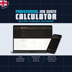 Op de afbeelding: Een digitale offertecalculator voor opdrachten weergegeven op een laptop- en smartphonescherm. De interface bevat velden voor bedrijfs- en klantgegevens. De tekst bevat Professional Job Quote Calculator, Works Offline, No Subscription.