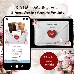 May include: Digital wedding website template with a smartphone and laptop display. The smartphone shows a save-the-date card with photos and details. The laptop displays a white envelope design with a red heart and the text "Welcome to our Forever".
