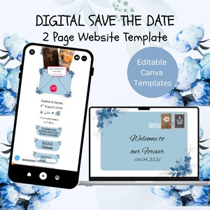 May include: A digital wedding invitation template displayed on a smartphone and laptop. The invitation features a light blue envelope design with floral accents and the text "DIGITAL SAVE THE DATE". The laptop screen reads "Welcome to our Forever 04.04.2026".