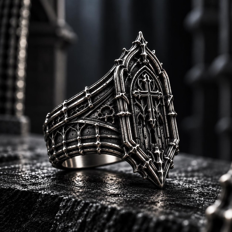 Gothic Signet Ring Cathedral Dark Academia Mens Silver Cross Band ...