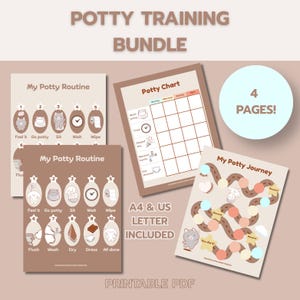 May include: A potty training bundle with four pages, including a potty chart and a journey game. The bundle includes printable PDF files with illustrations and text. The text includes "My Potty Routine" and "A4 & US LETTER INCLUDED".