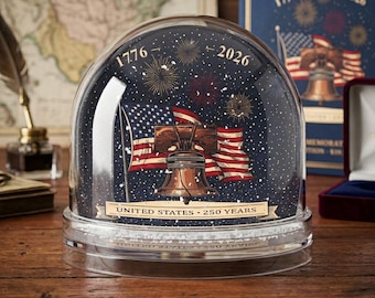 May include: A clear glass snow globe featuring a dark blue background with fireworks, an American flag, and the Liberty Bell. The text 1776 and 2026 appears at the top, with a banner at the bottom reading UNITED STATES 250 YEARS.