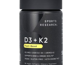 Sports Research, D3 + K2, à base de plantes, 62,5 mcg/100 mcg, 60 gélules végétales FS