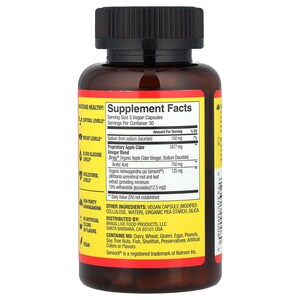 Op de afbeelding: Een bruine supplementfles met een zwarte dop. Het etiket toont "Supplement Facts" en vermeldt ingredi&euml;nten zoals appelciderazijn en ashwagandha. De fles bevat 30 veganistische capsules.