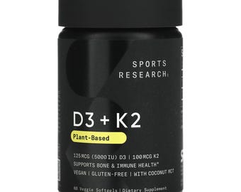 Sports Research, D3 + K2, à base de plantes, 125 mcg/100 mcg, 60 gélules végétales FS