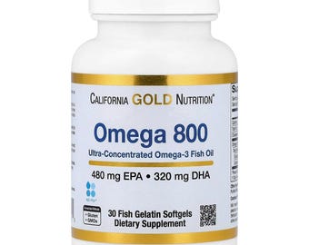 Huile de poisson oméga 800 California Gold Nutrition : 480 mg d'EPA, 320 mg de DHA (30 gélules)