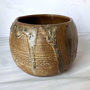 Vintage Hand-Thrown Studio Pottery Planter, Signed Abstract Drip Glaze Cachepot