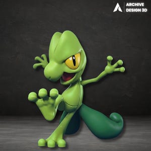 May include: A 3D-rendered, cartoon-style gecko in shades of green. The gecko has large yellow eyes, an open mouth, and is posed with its arms outstretched. The image includes the text "ARCHIVE DESIGN 3D" in the upper right corner.