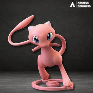 Puede incluir: Una figura rosa de Mew, un personaje de Pokémon, posando dinámicamente sobre una base circular. La figura tiene grandes ojos azules y una larga cola rizada. El texto "ARCHIVE DESIGN 3D" es visible.