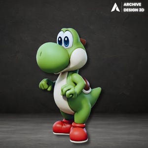 Könnte beinhalten: Eine 3D-gerenderte Figur von Yoshi, einem grünen Dinosaurier-Charakter mit großer Schnauze, roten Schuhen und einem braunen Panzer. Die Figur hat weiße Akzente und blaue Augen. Das Logo von Archive Design 3D befindet sich oben rechts.