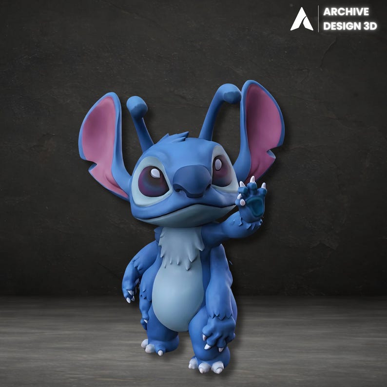 May include: A blue Stitch figurine from Lilo & Stitch. The figurine has large ears with pink insides, a light blue belly, and is waving with one hand. The Archive Design 3D logo is in the top right corner.