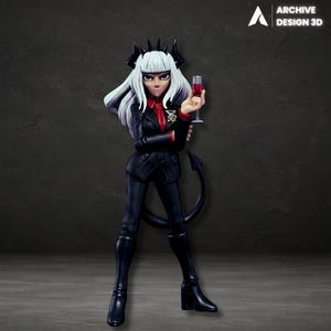 May include: A figurine of a character with white hair, black horns, and a black suit, holding a glass of red liquid. The figure has a red shirt and a black tail. The Archive Design 3D logo is in the top right corner.