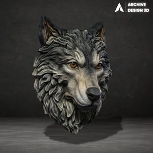 May include: A detailed sculpture of a wolf's head, featuring realistic fur texture and amber eyes. The artwork is predominantly gray and beige, with a dark background. The text "ARCHIVE DESIGN 3D" is visible in the upper right corner.