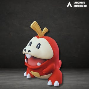 May include: A 3D-printed figurine of a cartoon character in red and cream colours, with an open mouth, white teeth, and yellow details. The design is stylised, set against a dark backdrop. The text "ARCHIVE DESIGN 3D" is visible in the top right corner.